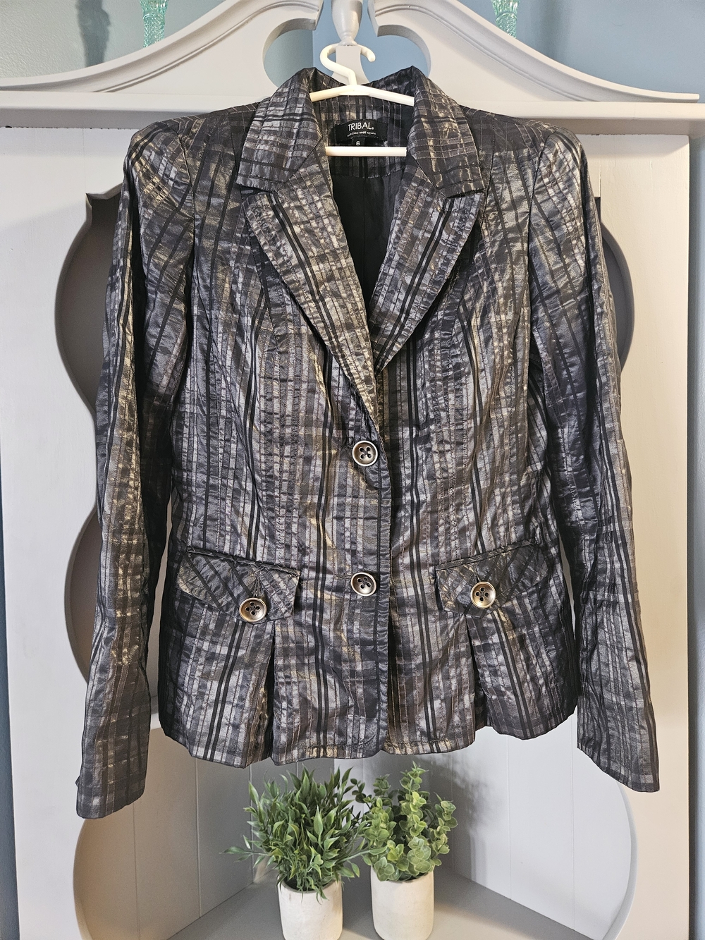 TRIBAL Metallic Gray Striped Women's Blazer Jacket